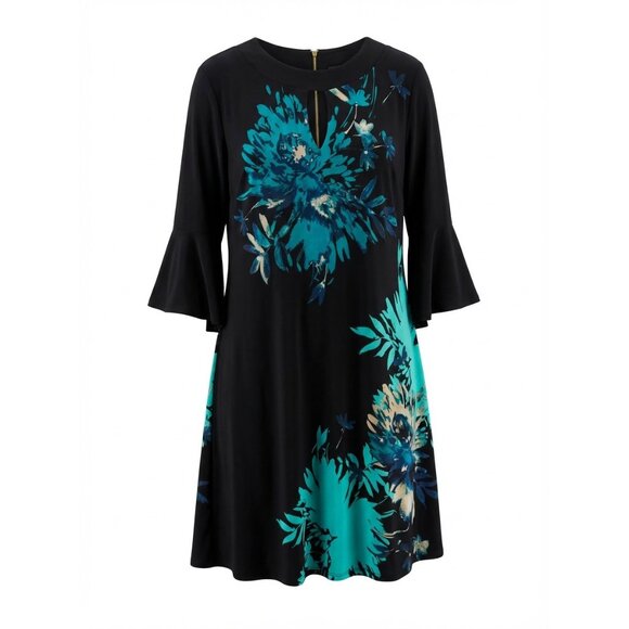 Roz & Ali Womens 1X Black Floral Keyhole Neck Bell Sleeve Dress - Picture 2 of 5